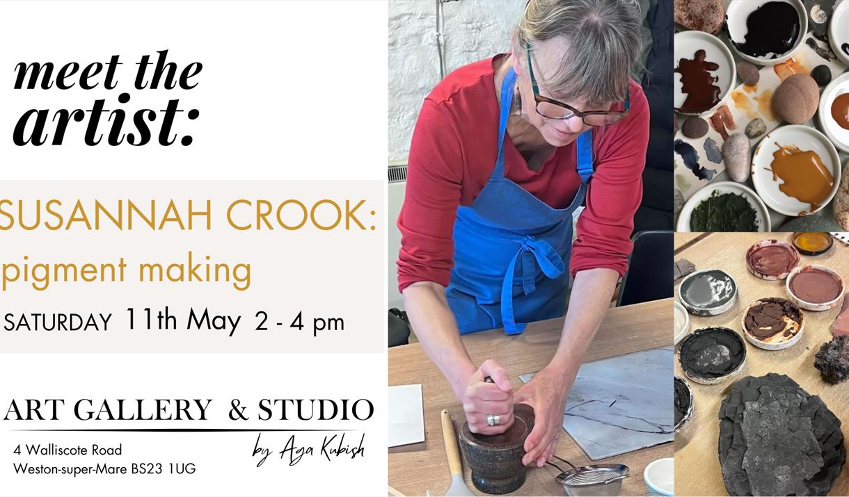 Photograph of artist, Susannah Crook, making pigment with images of different coloured paint and pigment.