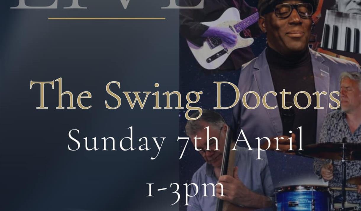 Poster advertising a concert featuring four of the Swing Doctors band members in the image