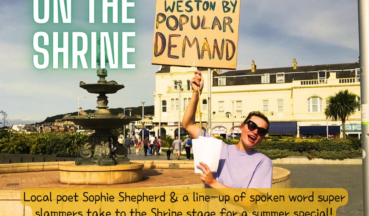 Rhyme on the Shrine - photograph of Sophie Shepherd with a plaque card.