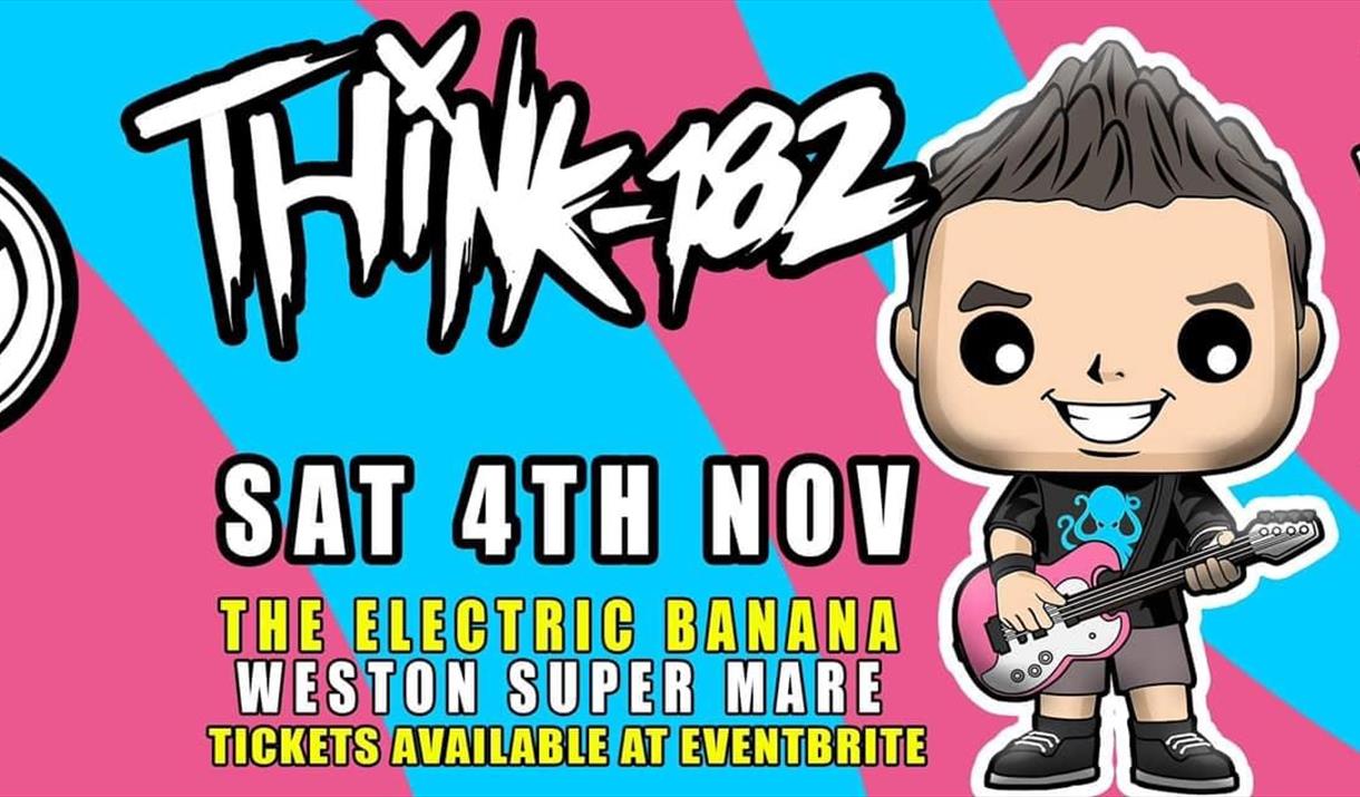 Cartoon image of rock band Blink-182 with details of the event.