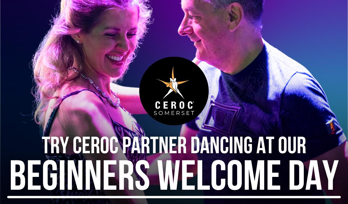 A man and a lady laughing and smiling whilst dancing together. Text reads 'Try Ceroc partner dancing at our beginners welcome day. Sunday 9th March. 1
