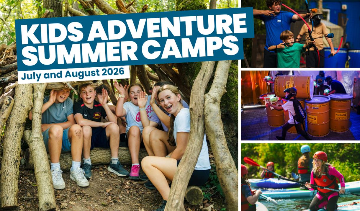 Promotional collage for Kids Adventure Summer Camps showing children learning in the woods, sitting together at camp, kayaking on a river, and partici
