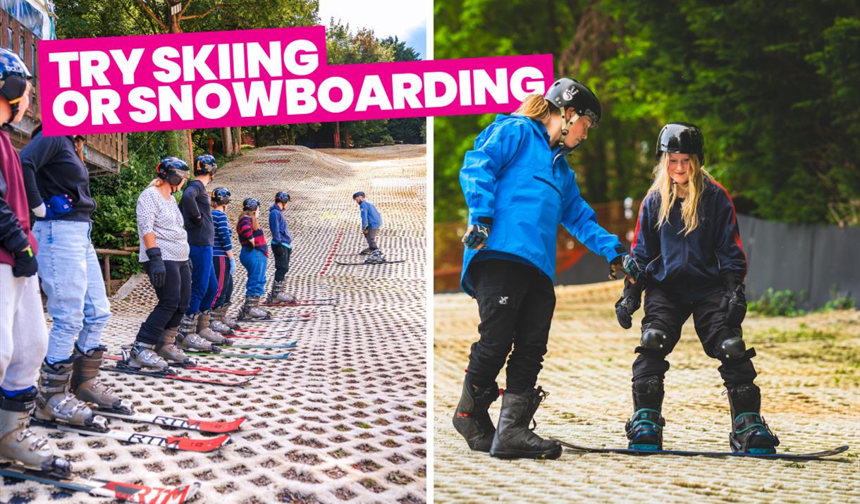 Two images showing Twixmas adventure activities at Mendip Activity Centre. Try Ski and Try Snowboard sessions are displayed, alongside white text with