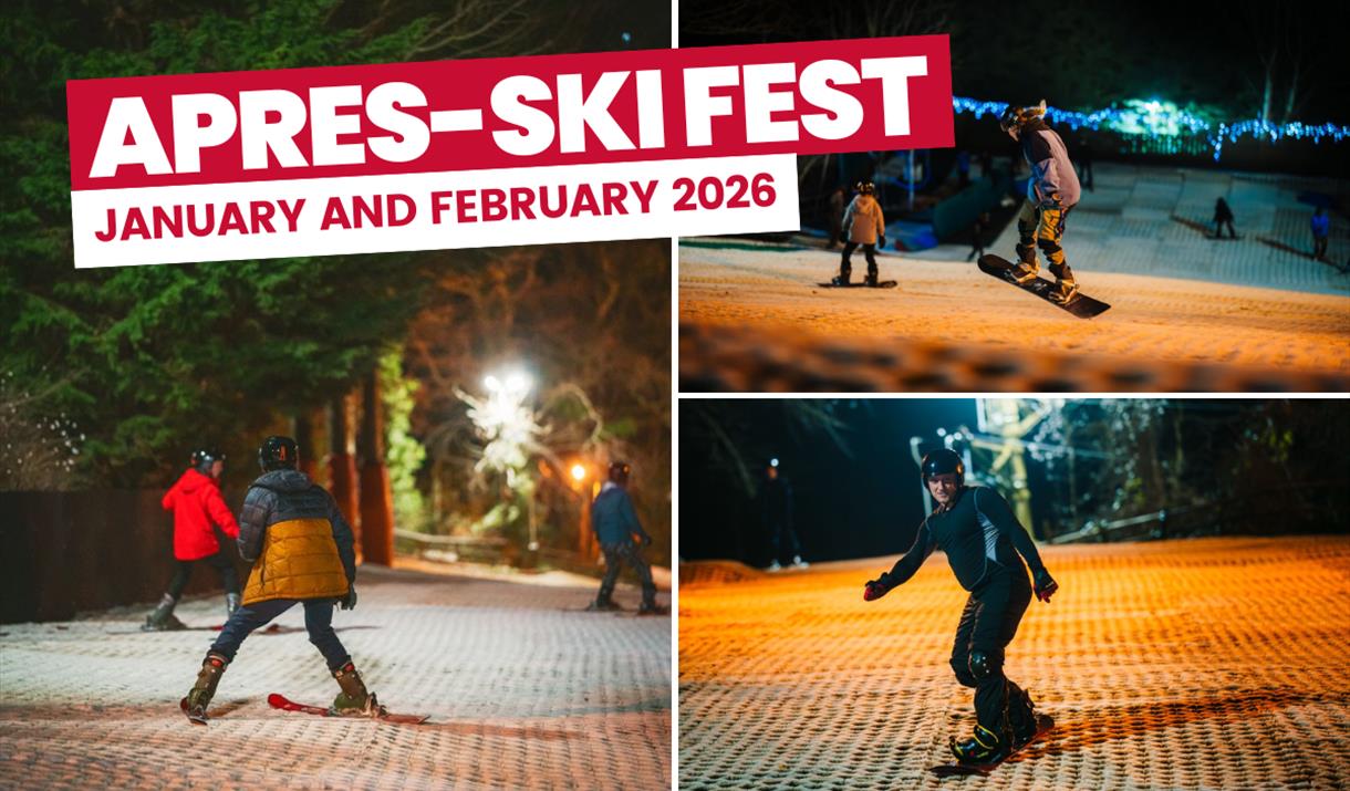 Three images showing snowboarders and skiers. Text reads: Apres-Ski Fest January and February 2026