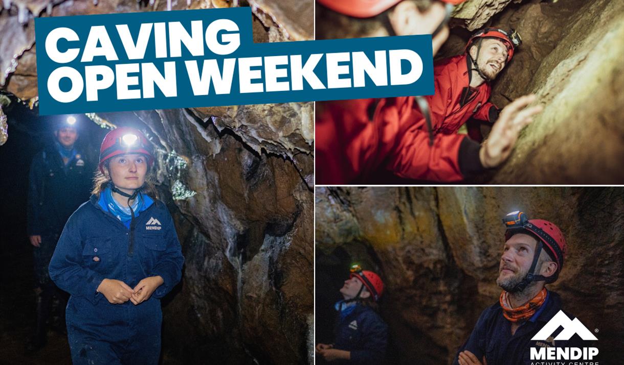 Three images display adults of different ages caving. One girl walking through cave with helmet and headtorch. Two people looking up smiling, in a tig
