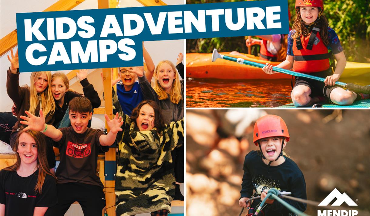 Three image collage - largest image shows group of boys and girls smiling with hands up in the air, sat under a canva tent. Second image on top right