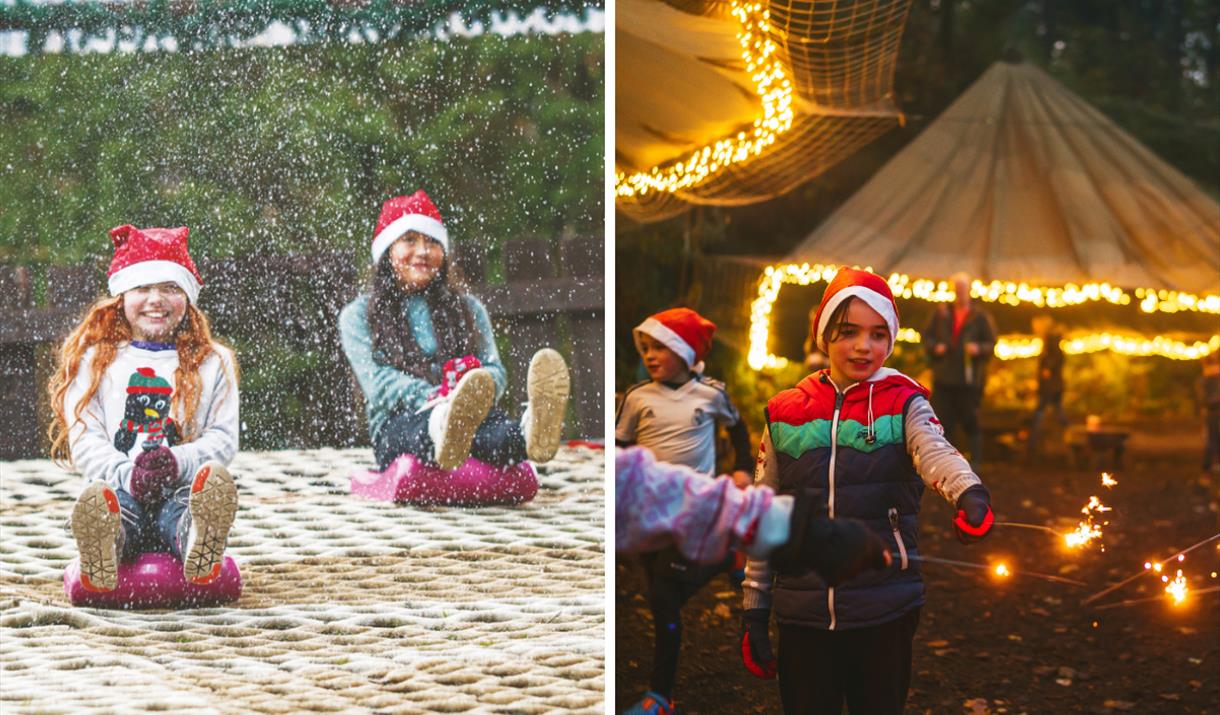 Image split into two - left side shows two girls on zibob toboggans riding down a dry slope with santa hats on and snow falling. Image on the right sh