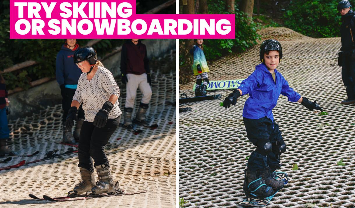 Bold text at top of image says Try Skiing or Snowboarding. Left side shows middle-aged women skiing, wearing black helmet and black gloves. Skiers in