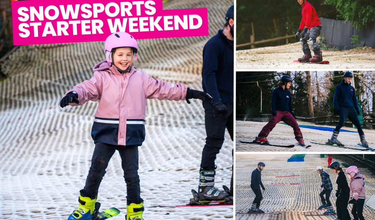 Children and adults learning to ski and snowboard at Mendip Activity Centre's Snowsports Starter Weekend.