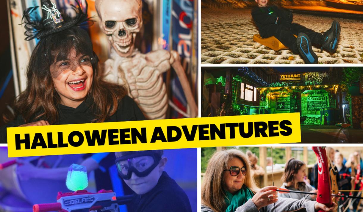 Collage of Halloween adventures including costumes, archery, gel fire battle, tobogganing, and themed entrance to Mendip Activity Centre. Main image i
