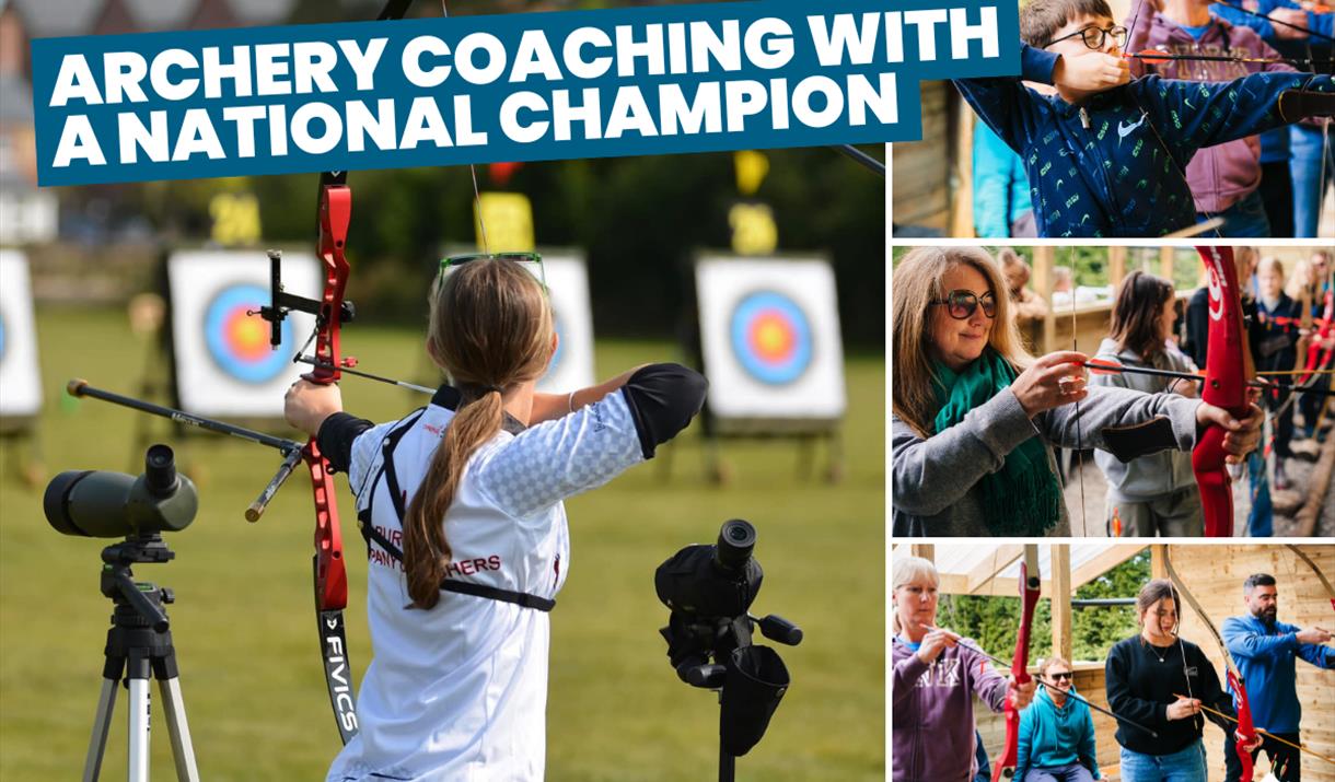 Three images - main photo of local Archery National Champion Liv Morledge. Three other photos of customers of all different ages aiming a bow and arro