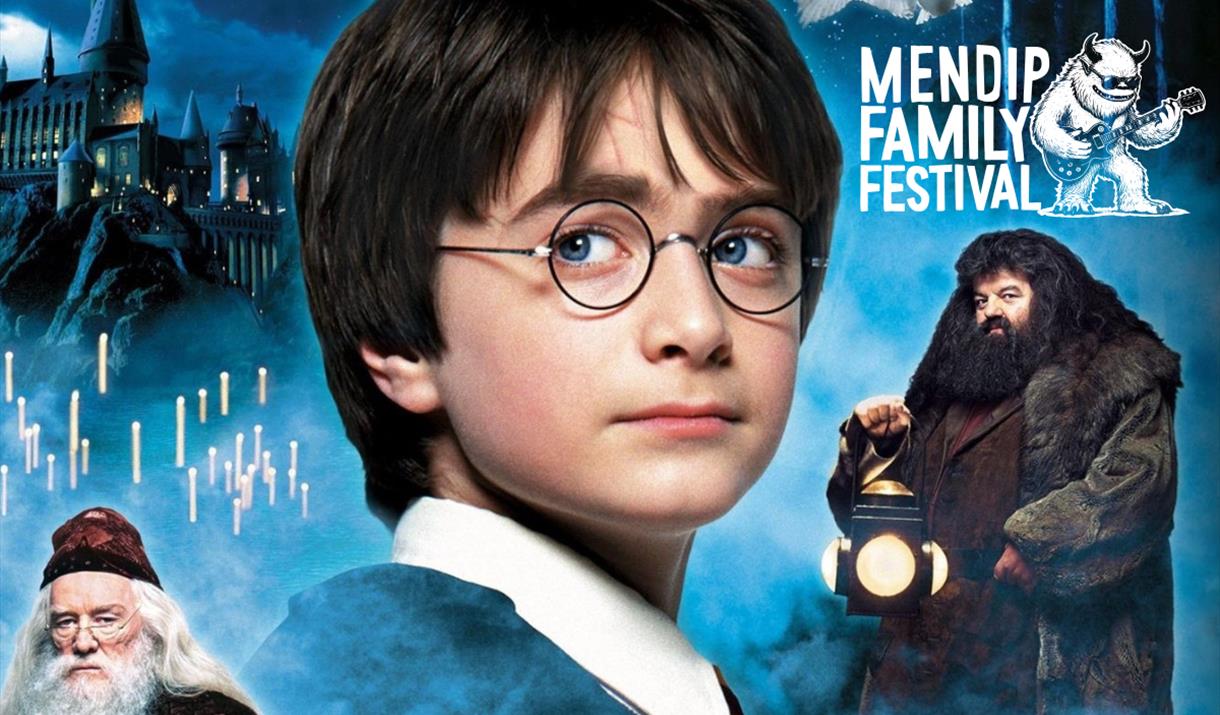 Harry Potter-themed poster with characters and "Mendip Family Festival" Yeti playing guitar logo and text.