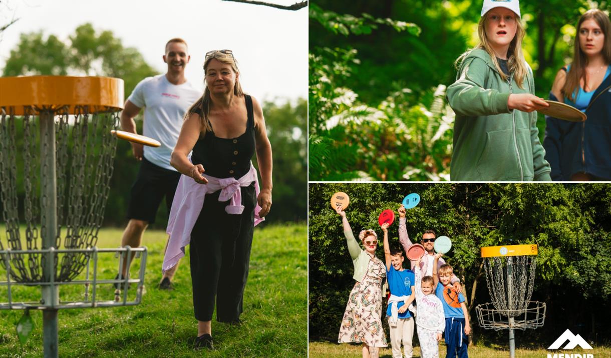 Frisbee Golf Open Weekend at Mendip Activity Centre. The collage features people of all ages playing disc golf, including a woman throwing a frisbee,