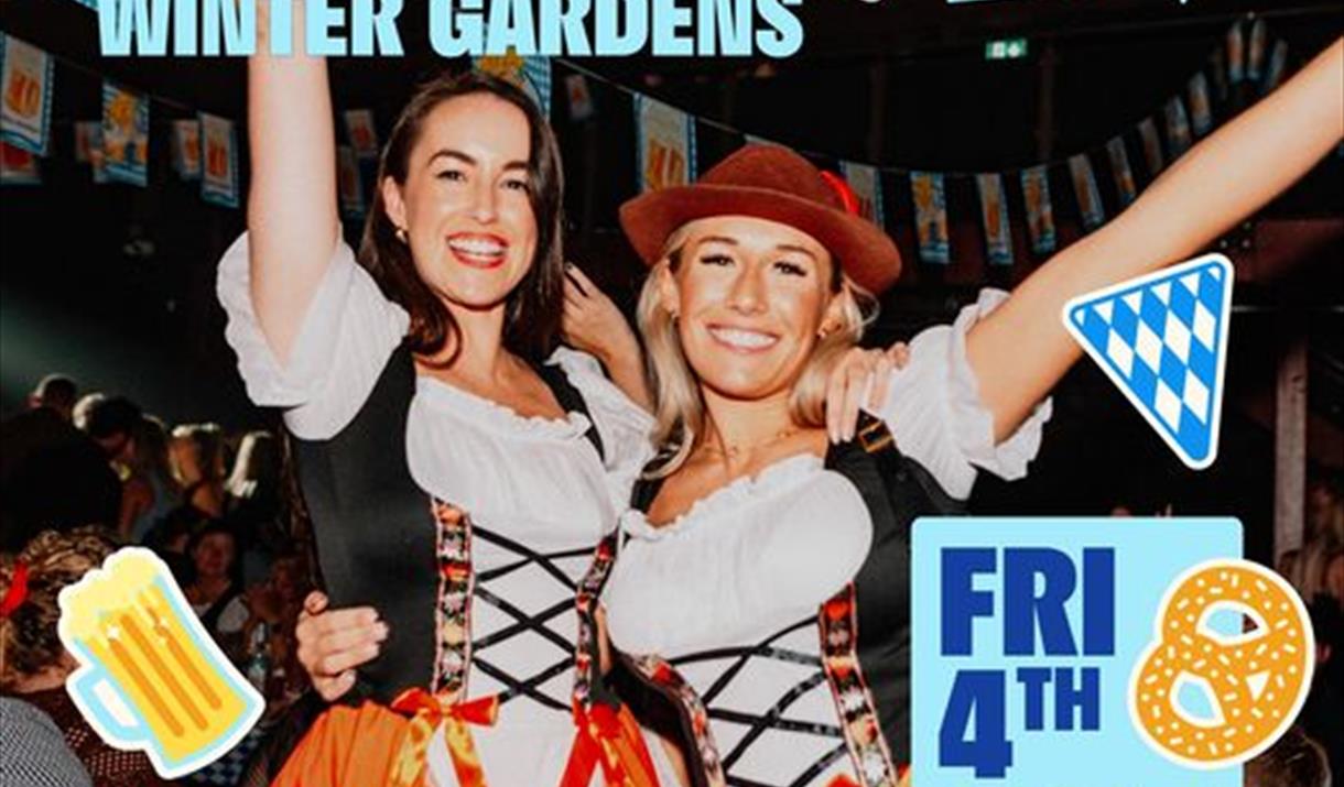 Two barmaids in Oktoberfest costumes advertising a bingo party night in Weston-super-Mare