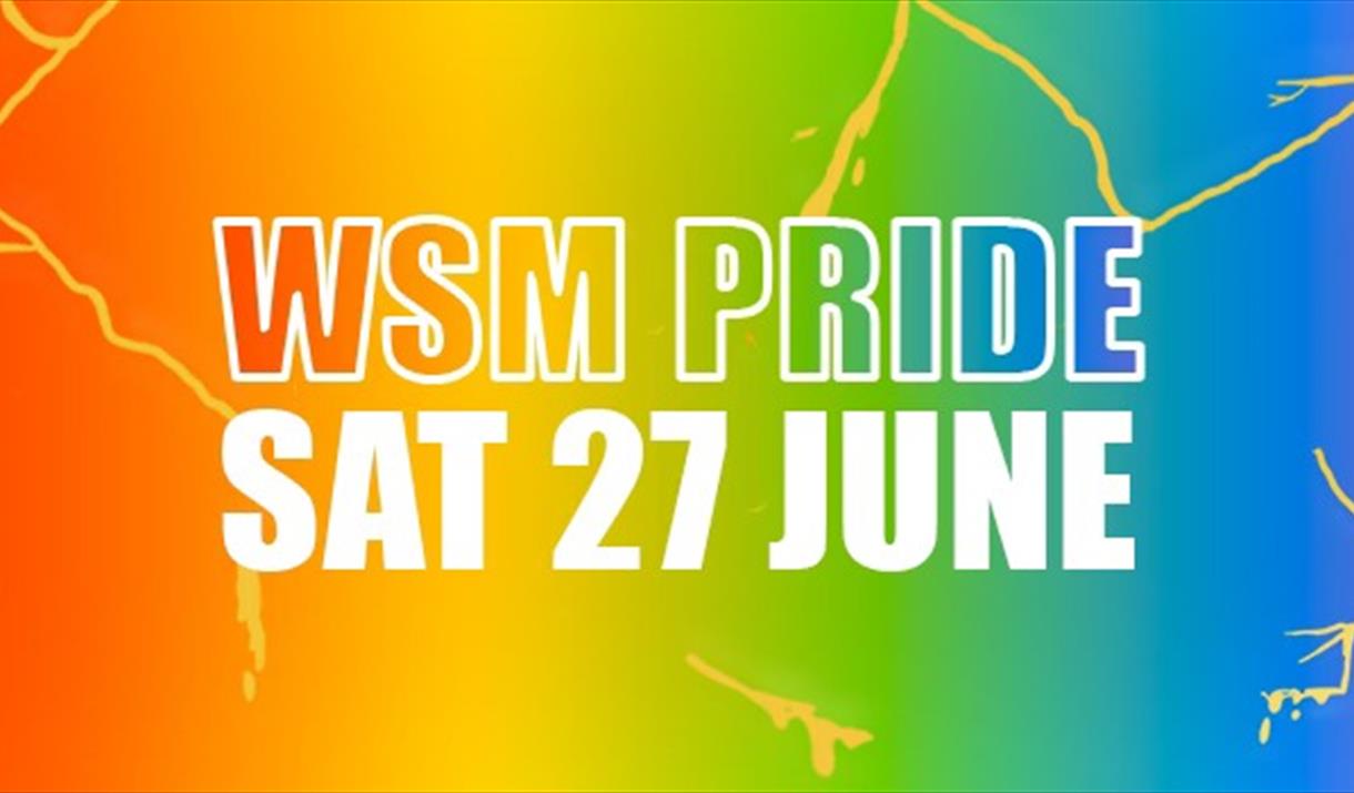 A bright rainbow banner with lightning-style streaks across the background. In the centre, large bold text reads "WSM PRIDE" in rainbow colours above