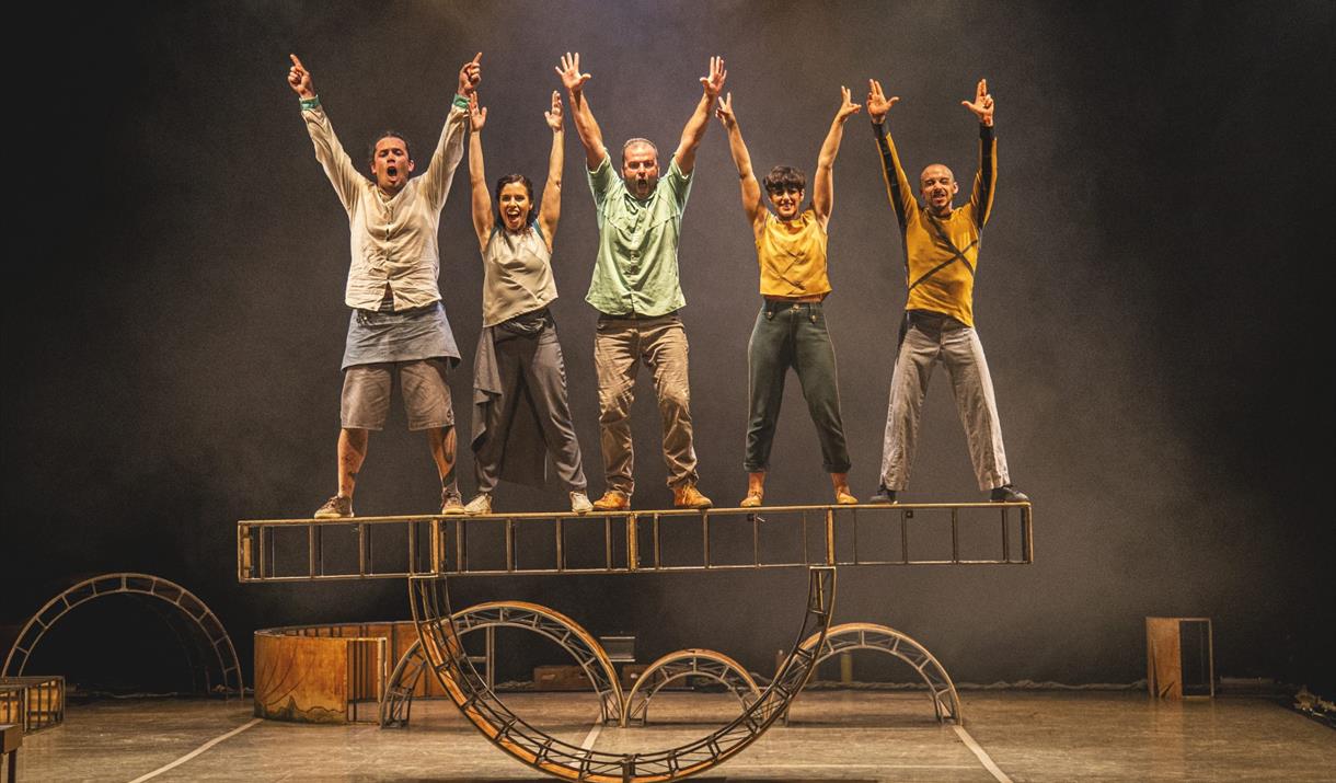 A group of fiver circus performers standing on a platform