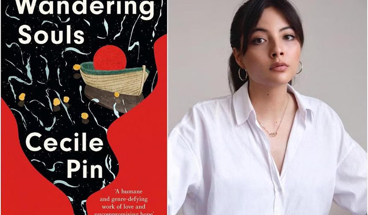 An image of the Wandering Souls book cover (which is red and white with a small boat), next to a photograph of Cecile Pin