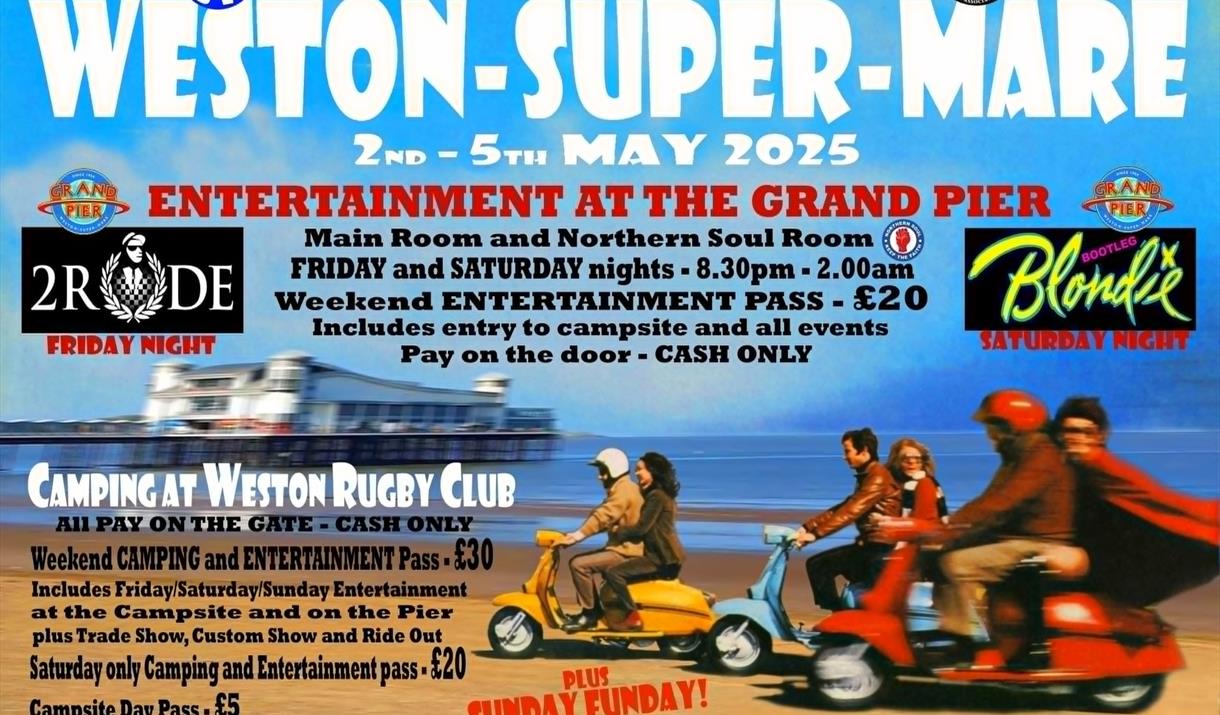 Three Vespa-style scooters racing along the sandy beach at Weston-super-Mare with the Grand Pier in the background on a flyer publicising the National