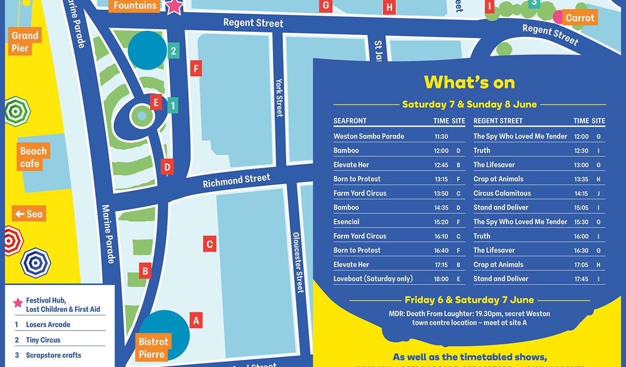 A map in blue, yellow white and green showing the venues for Whirligig 2025 in Weston-super-Mare