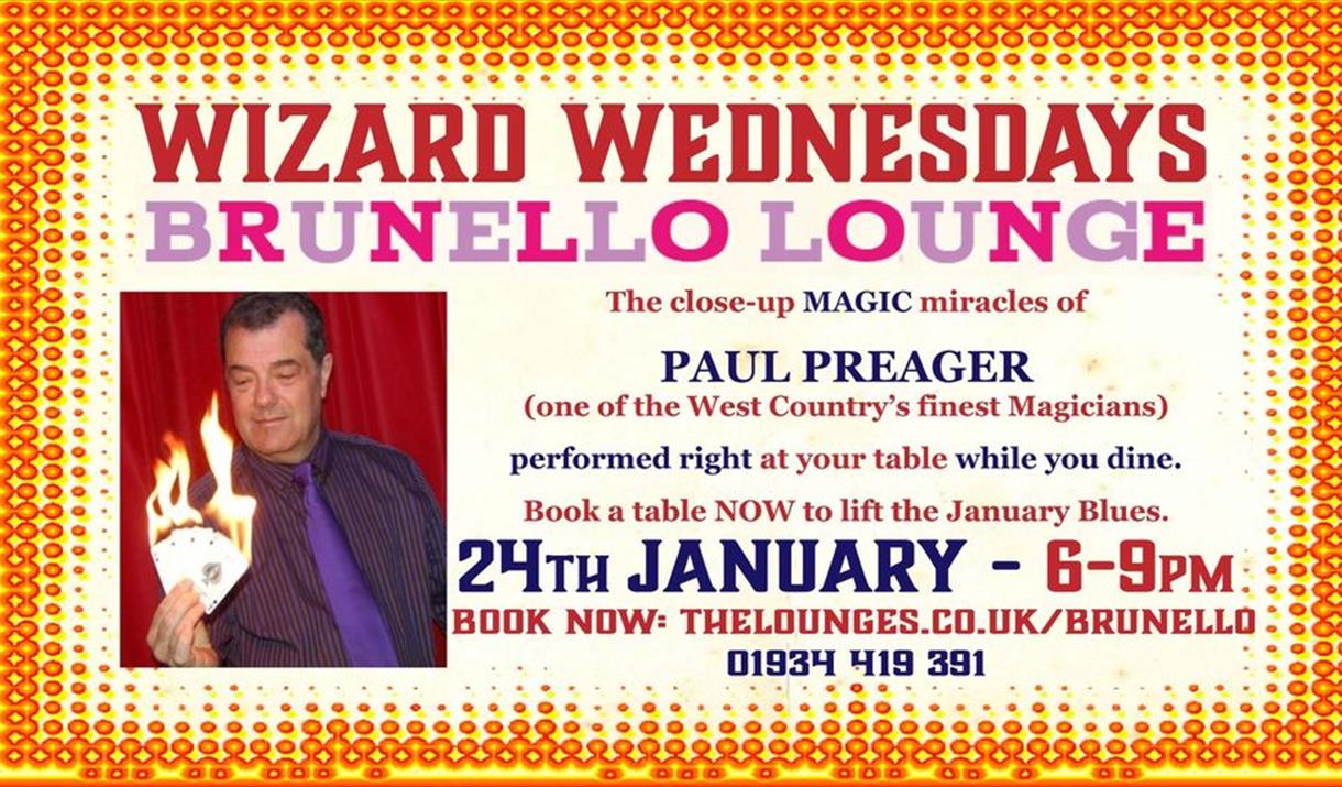 Poster advertising a magic event with a picture of a magician settling light to playing cards