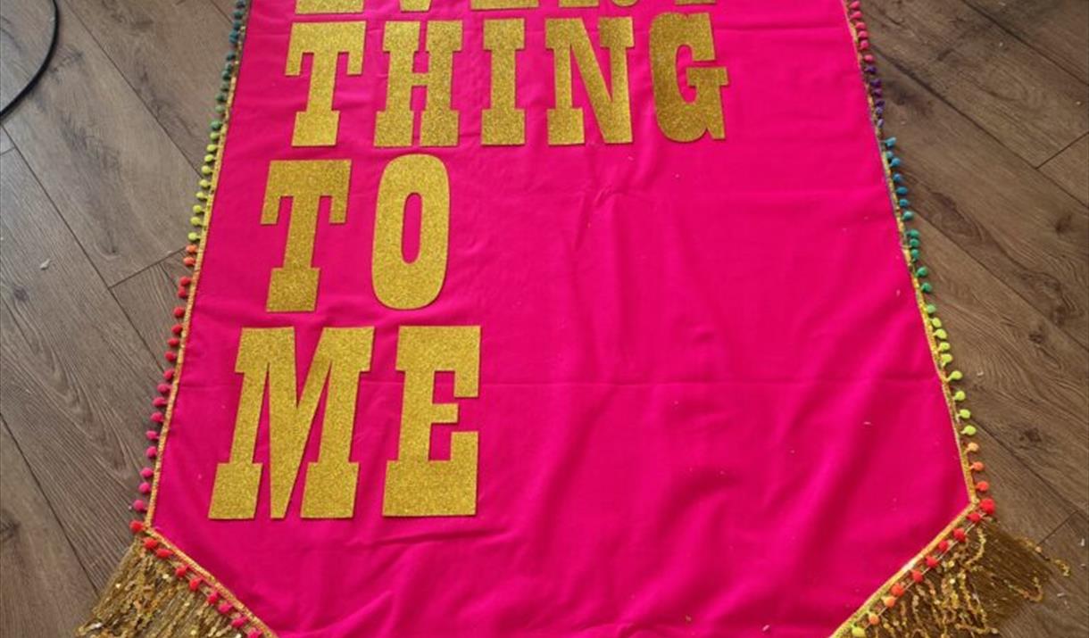 A photograph of a bright pink banner with lyrics on it.