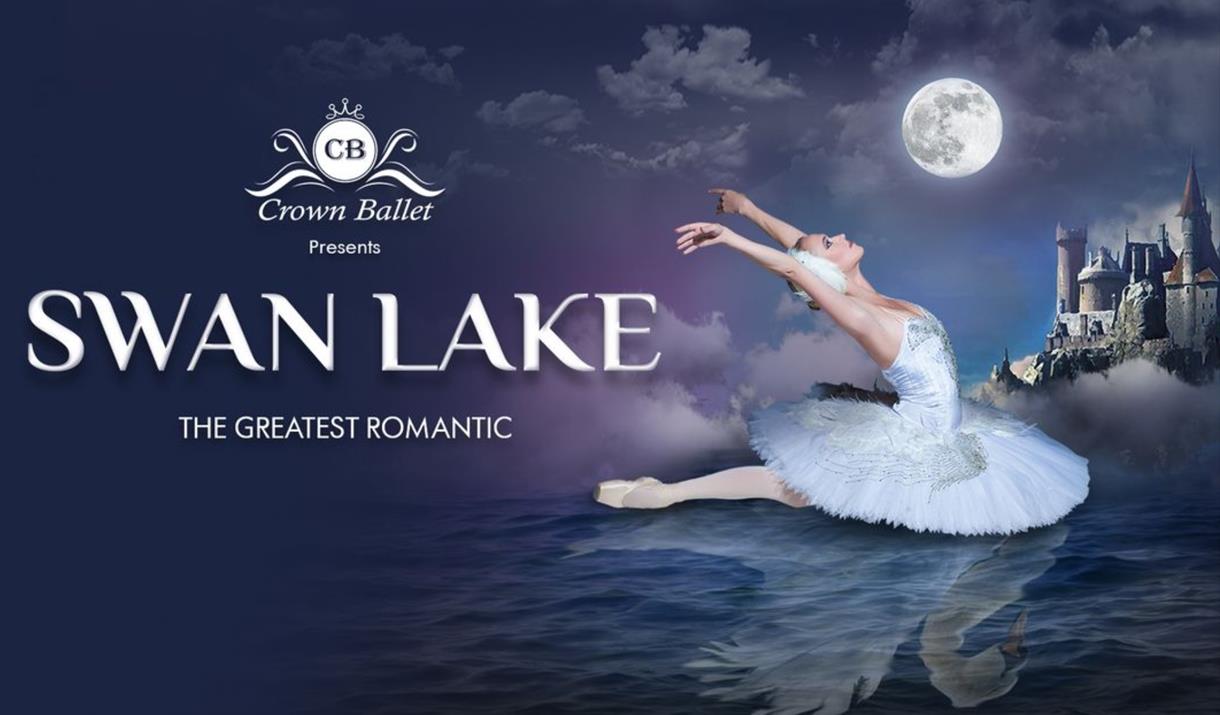 Image of white-dressed ballet dancer on a night background. Text reads "swan lake- the greatest romantic".