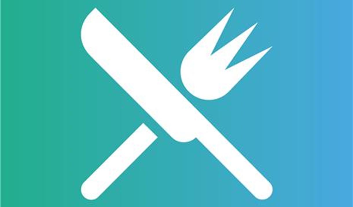 White knife & fork glyph on turquoise background