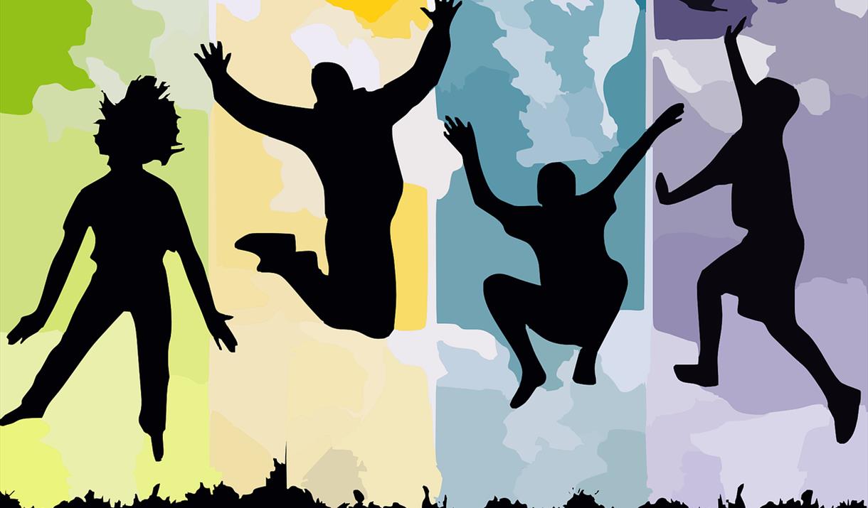 Children being active and jumping.  Green, yellow, blue and purple behind the children.