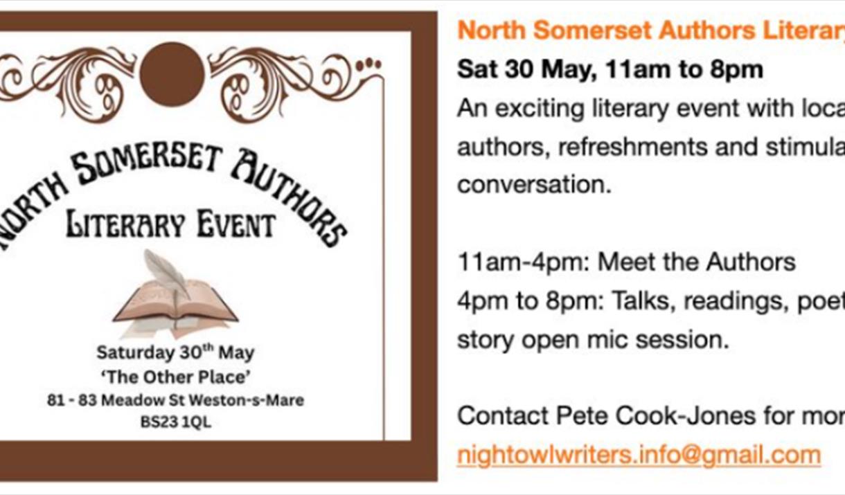A flyer, predominantly with text, but also depicting a book and quill to promote a literary festival