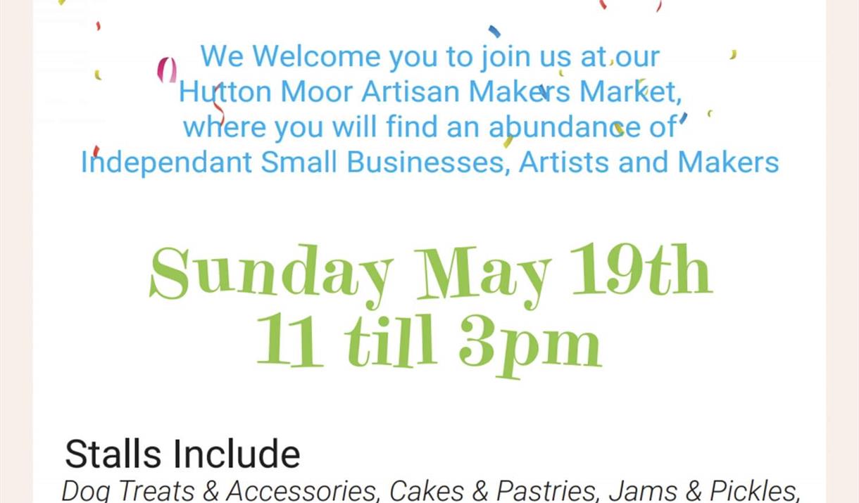 Hutton Moor Makers Market poster with bright bunting and event details.