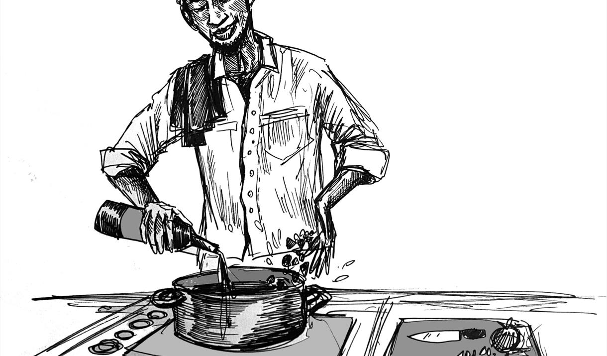 A pen sketch of a man cooking