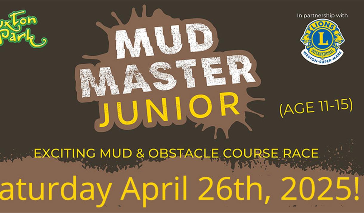 Brown poster advertising the Puxton Park Junior Mud Master event featuring two inset circular photos from the adult event