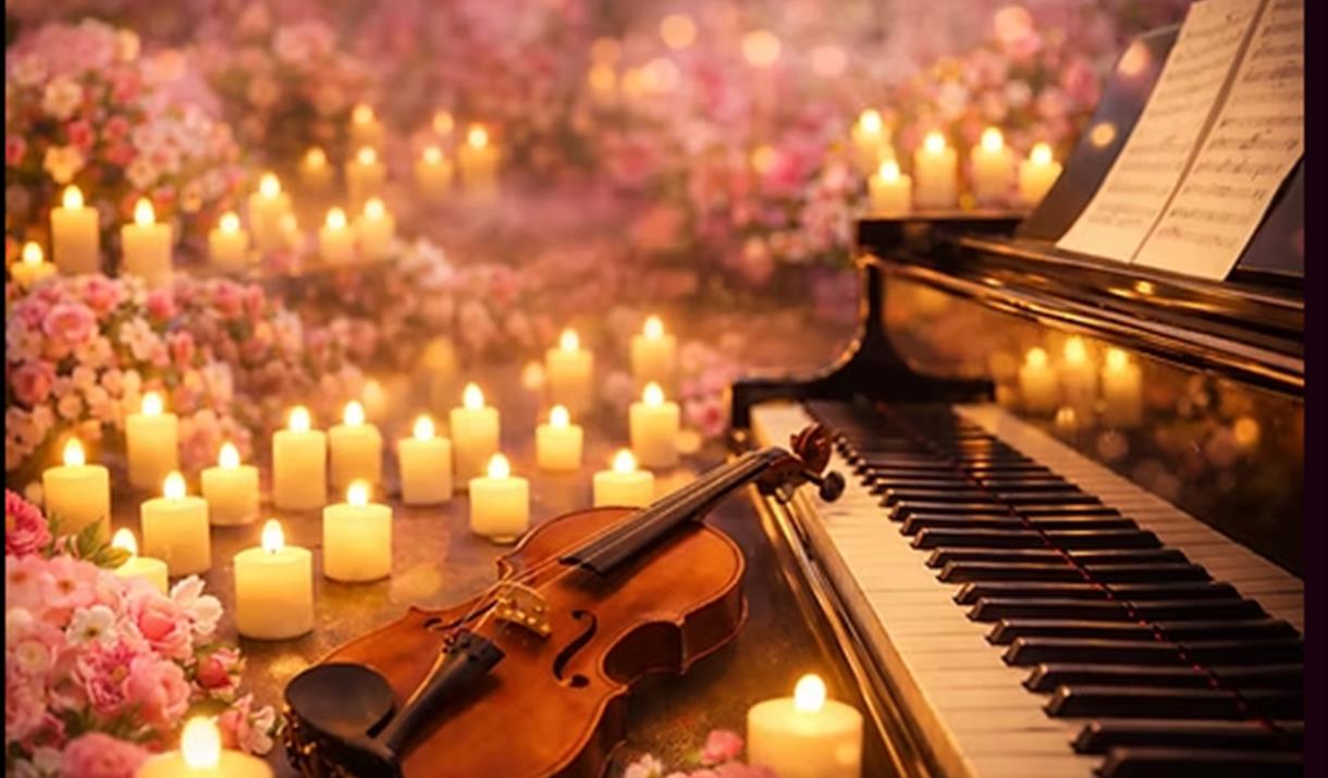 A violin propped up on a piano which is surrounded by candles and flowers