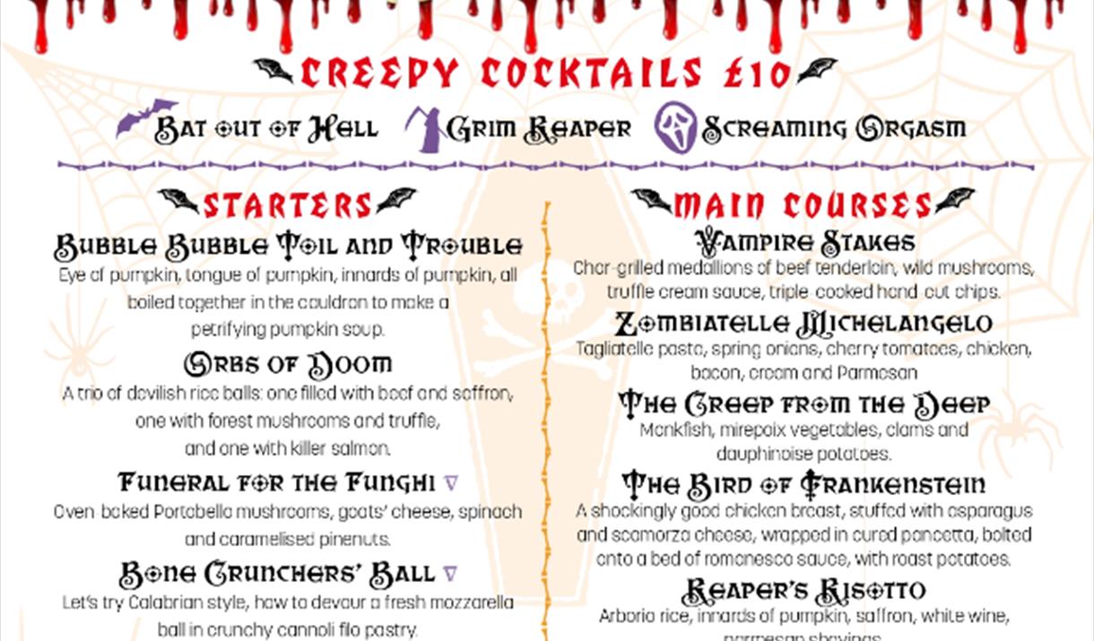 Menu for three course meal. At the top a black graveyard with tombstones and the sun setting behind it. The title is blood red and white for the price