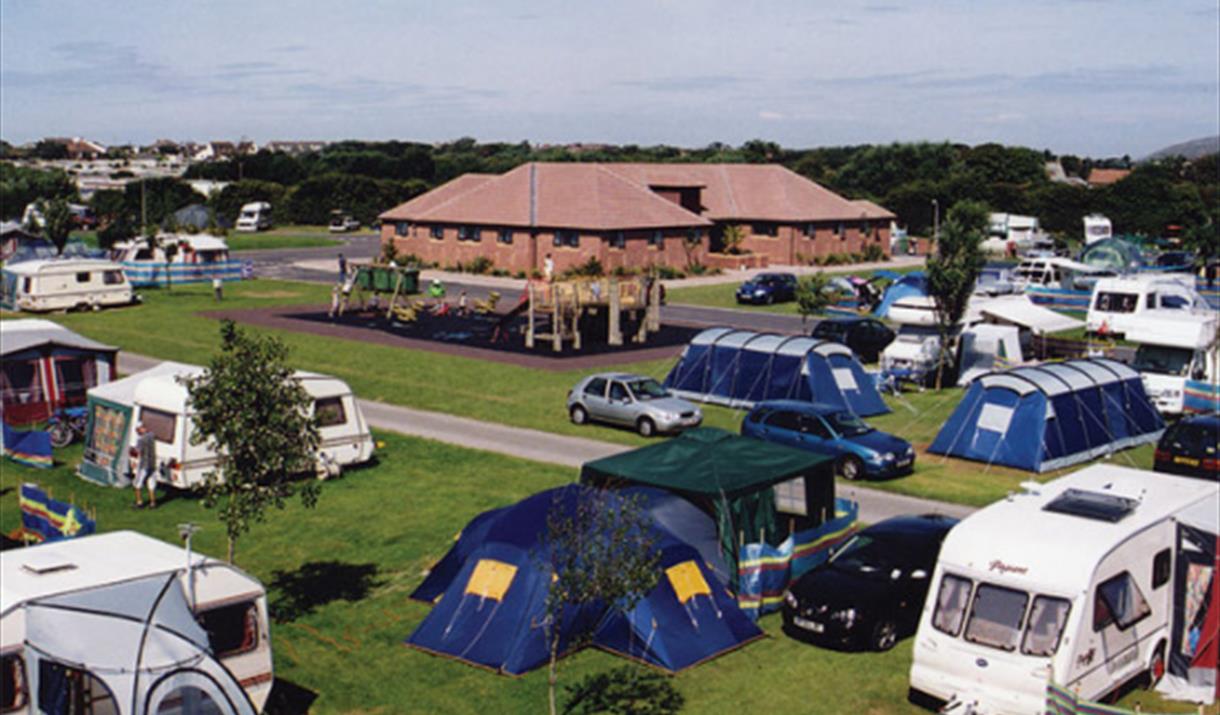Aerial view of the Northam Farm campsite with toilet and shower block