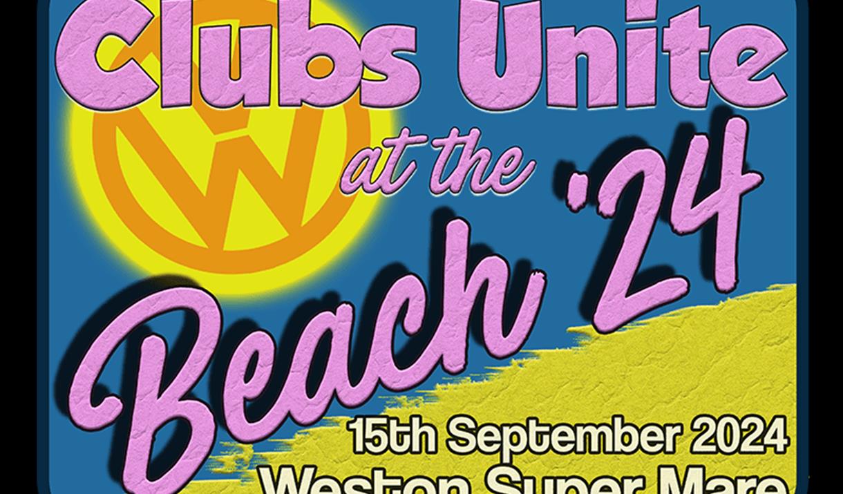 A poster promoting a VW event at Weston-super-Mare beach featuring the VW badge