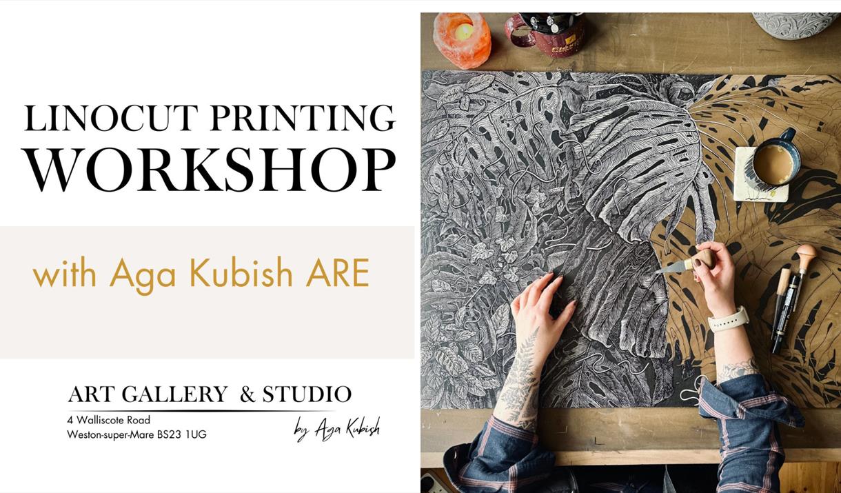 Poster for event with a photo of a person cutting out lino.