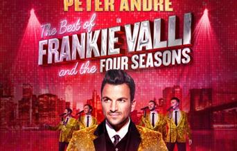Singer Peter Andre in a gold sequinned suit standing in front of four similarly-attired band members on a poster advertising Peter Andre in the Best o