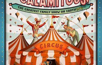 An artist impression of a circus Big Top with performers on the roof
