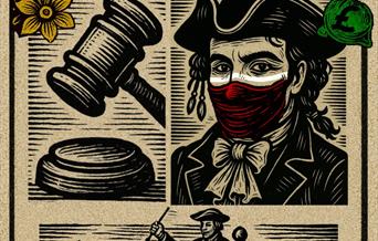 Two drawn images. One of a highwayman and the other of a court gavel