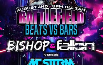 Poster of event in bright colours with DJ names and sets