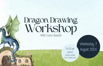 Cartoon image of a blue dragon with green wings stood on top of a pretty house.