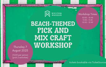 rectangular image with a background that consists of a close up of a green and white striped beach hut tent. layered in front in the centre is a green