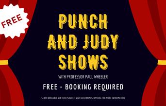 Poster of red curtains opening on a stage with booking details for the Punch & Judy Show.