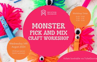 Brightly coloured poster of craft material as monsters and information about the event.