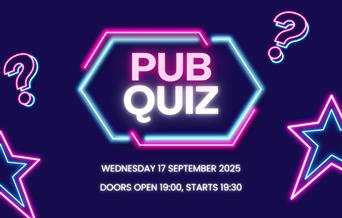 rectangular blue image. in the middle in a neon coloured font reads pub quiz, followed by the date of wednesday 17 september 2025 and the time of door