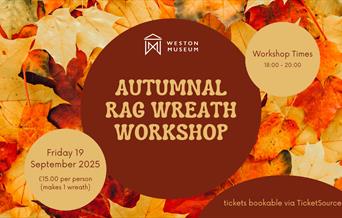 rectangular image with an autumnal leaf background. in a dark brown circle in the middle of the image is the event name of autumnal rag wreath worksho