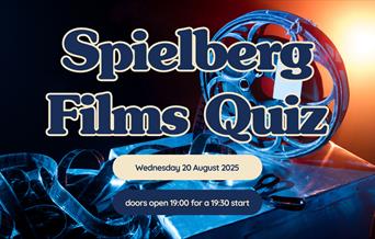 rectangular image with a film reel as the background layer. layered on top is the name of the event in dark blue writing with a cream border around ea