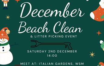Bright green Christmas poster with cartoon characters and information about the beach clean.