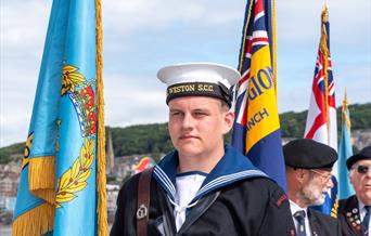 A member of the Weston-super-Mare Sea Cadets in full uniform during the Armed Forces Day parade in Wewston-super-Mare